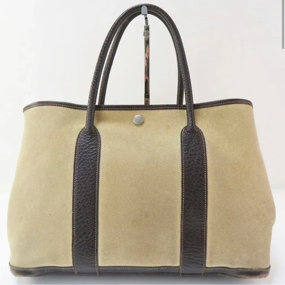 Hermes Handbags - SOLD Auth HERMES Beige Canvas and Brown Leather Garden Party Tote Bag Purse